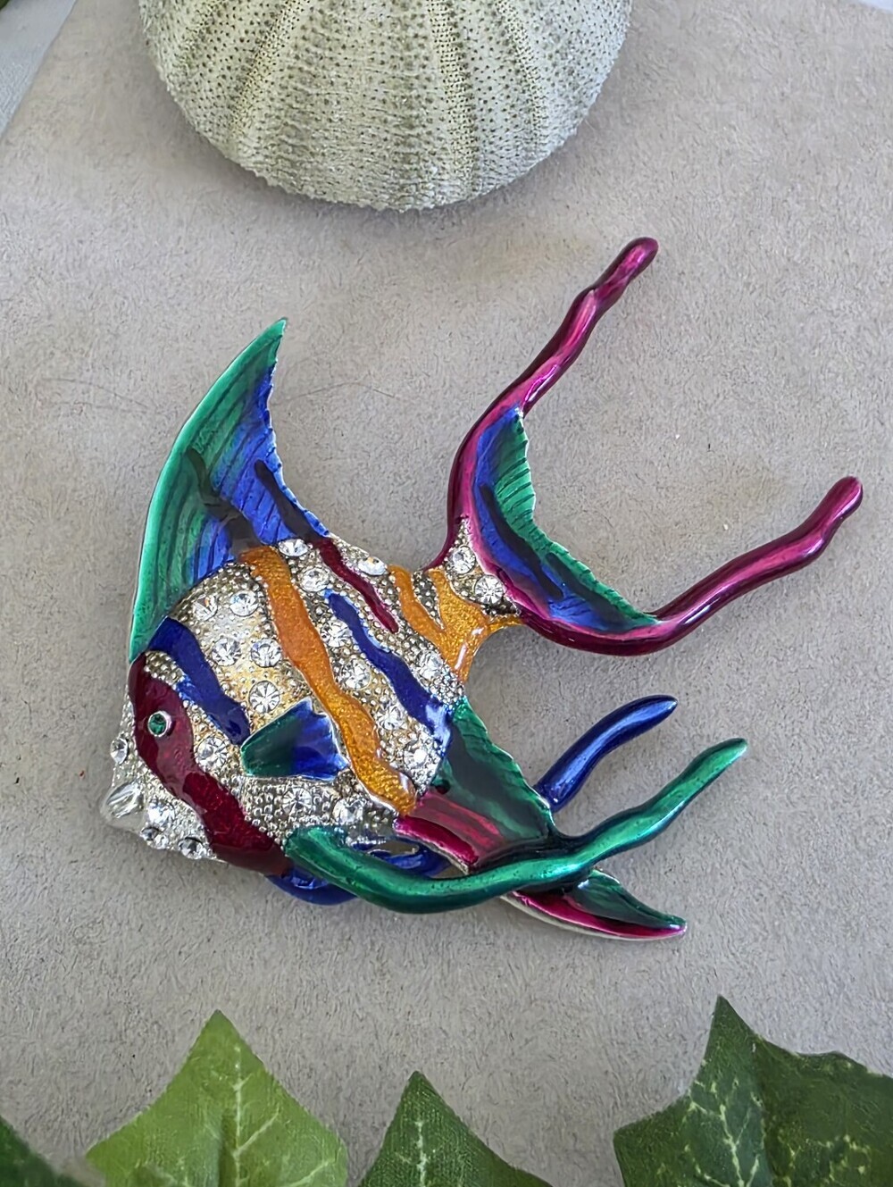 Large Statement Silver Colorful Enamel Angelfish Elegant Brooch Pin